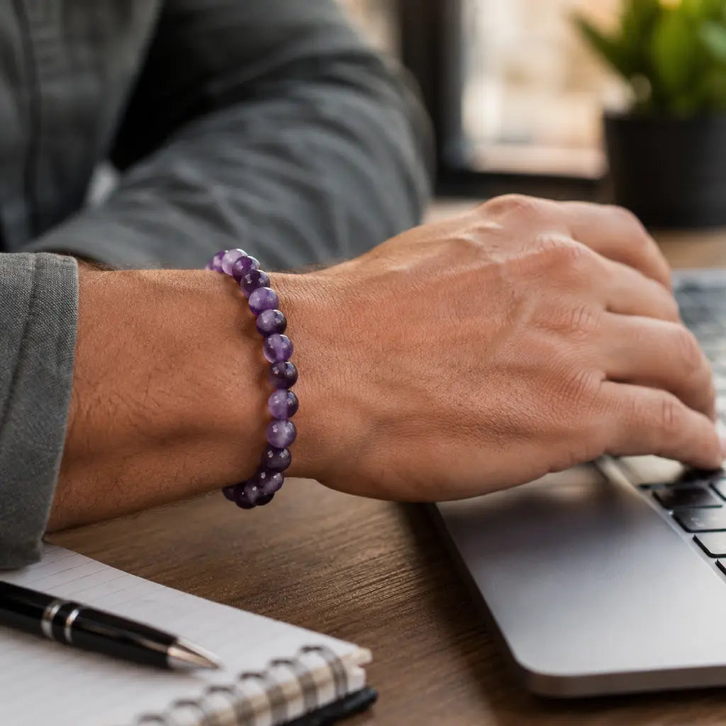 Amethyst jewelry polished gemstone bracelet worn while working on laptop combining spiritual crystal energy with modern fashion