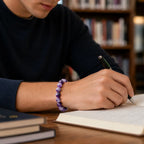 Amethyst jewelry purple crystal bracelet worn while writing notes symbolizing focus mindfulness and elegant spiritual fashion