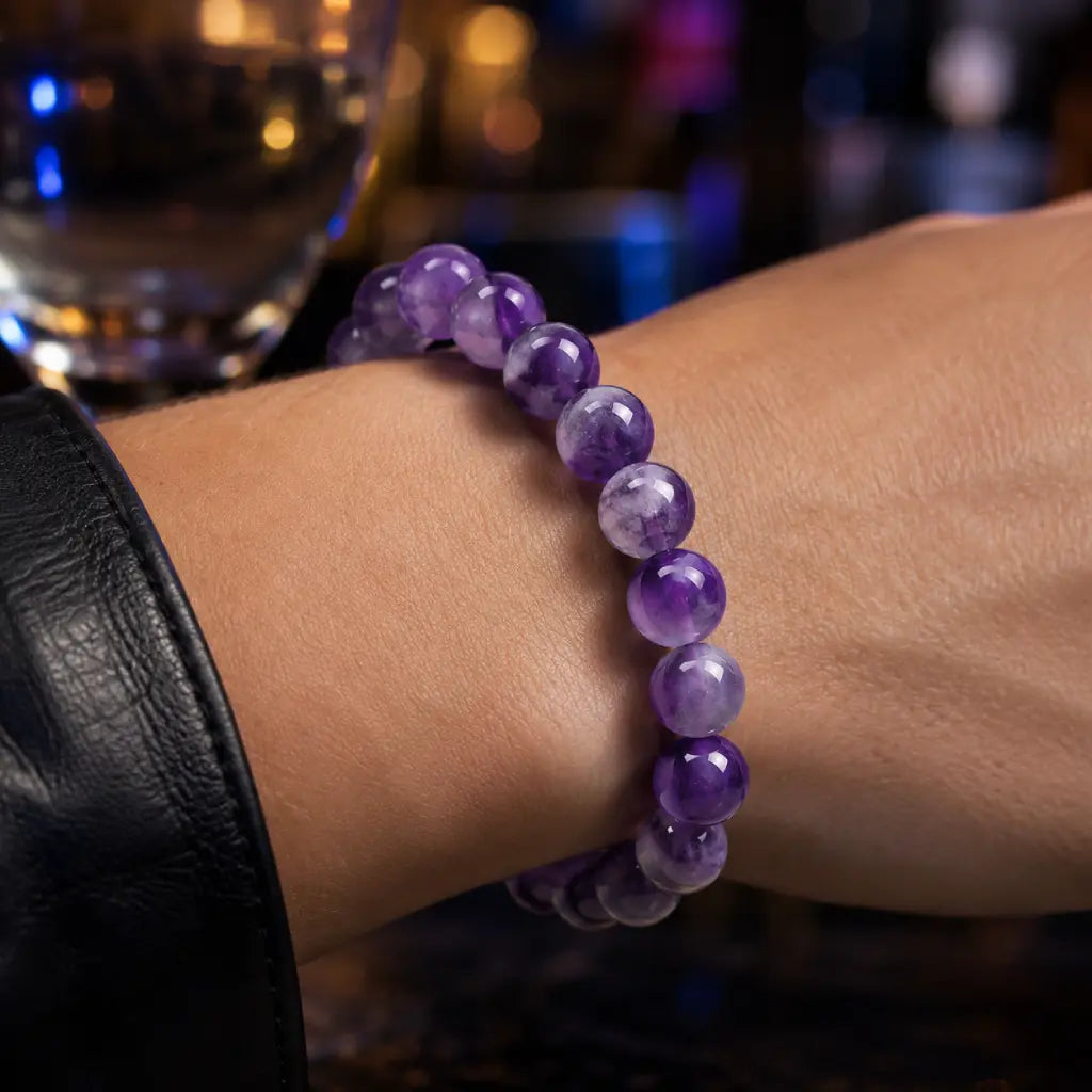 Amethyst jewelry glowing crystal bead bracelet worn at nightclub with vibrant purple gemstones and luxury party fashion appeal