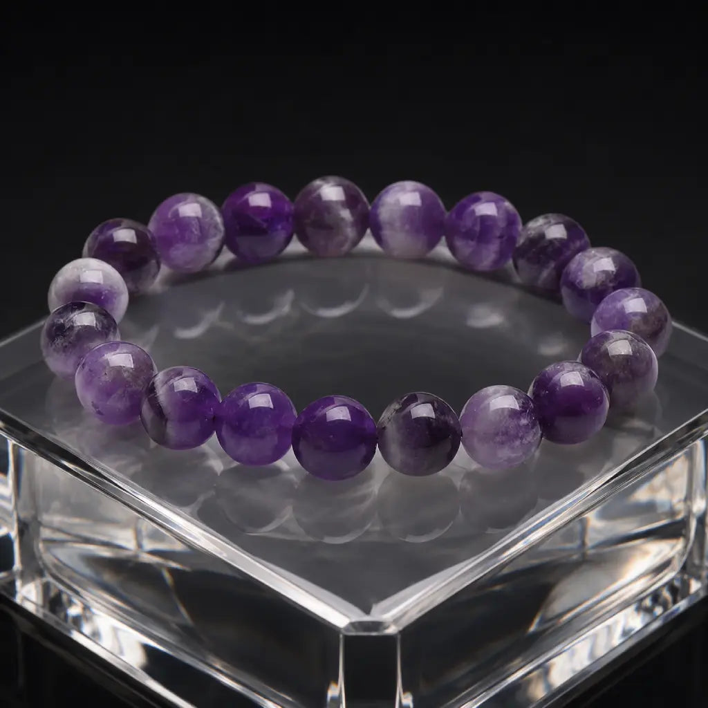 Amethyst jewelry natural crystal bead bracelet on clear display stand featuring calming gemstone energy and luxury appeal