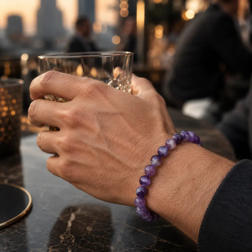 Amethyst jewelry masculine crystal bead bracelet worn outdoors featuring natural purple gemstones and rugged modern style