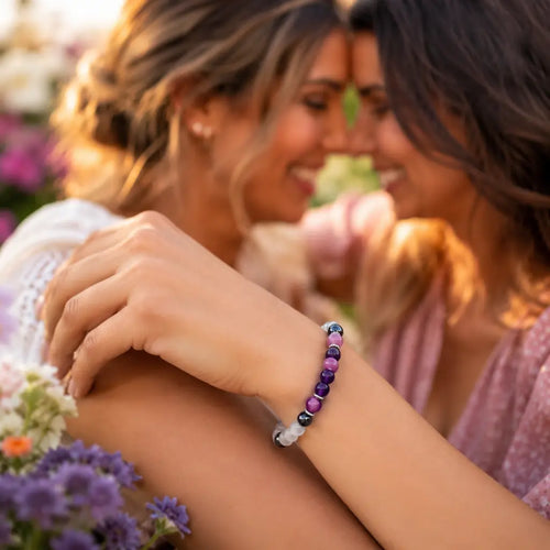 Amethyst crystal bracelet worn during a joyful friendship moment with healing gemstone beads for meaningful style
