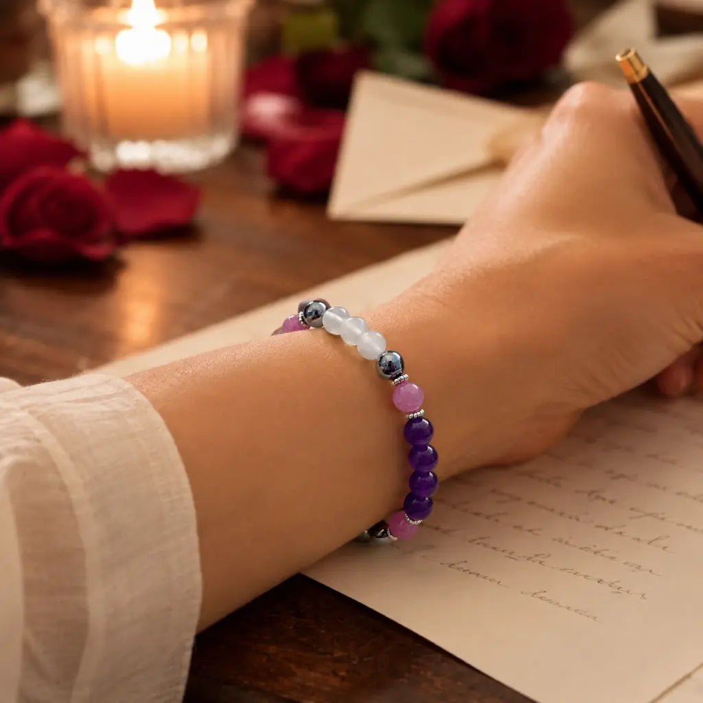 Amethyst beaded bracelet beside a handwritten letter with healing crystal jewelry for heartfelt gifting
