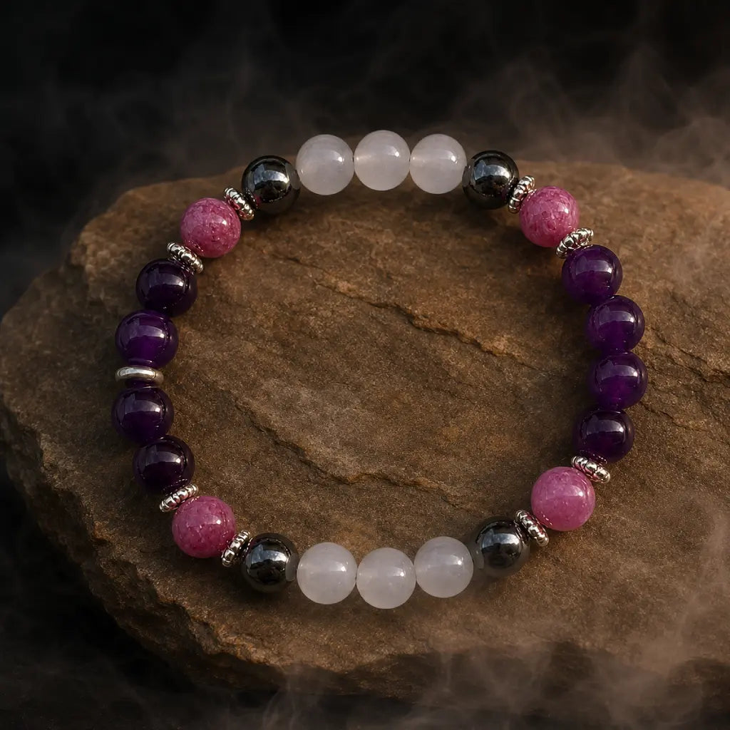 Amethyst healing bracelet with purple and white gemstone beads designed for positive energy and beauty