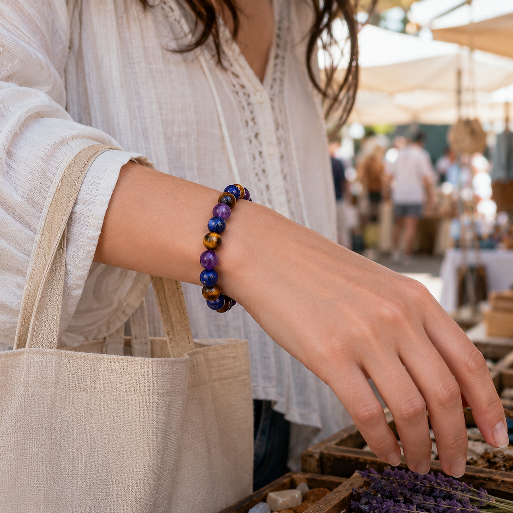 Amethyst Tiger's Eye Lapis Lazuli bracelet paired with casual fashion and handmade gemstone elegance