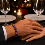 Amethyst Tiger's Eye Lapis Lazuli bracelet on a romantic dinner setting with healing gemstone jewelry style