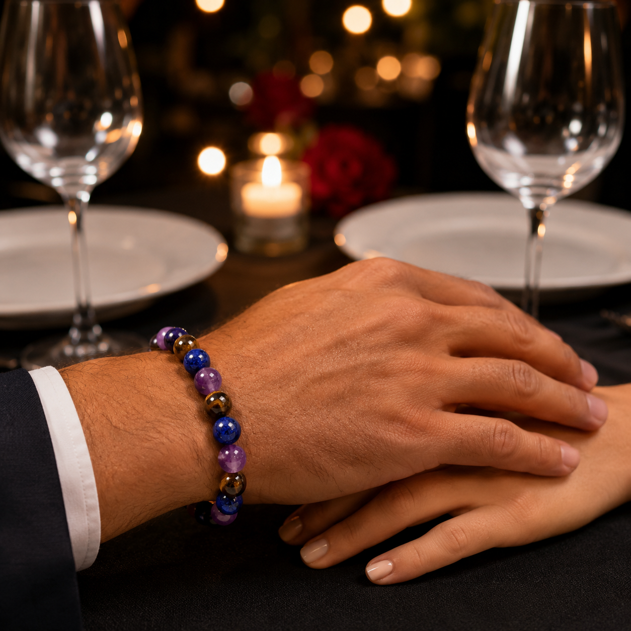 Amethyst Tiger's Eye Lapis Lazuli bracelet on a romantic dinner setting with healing gemstone jewelry style