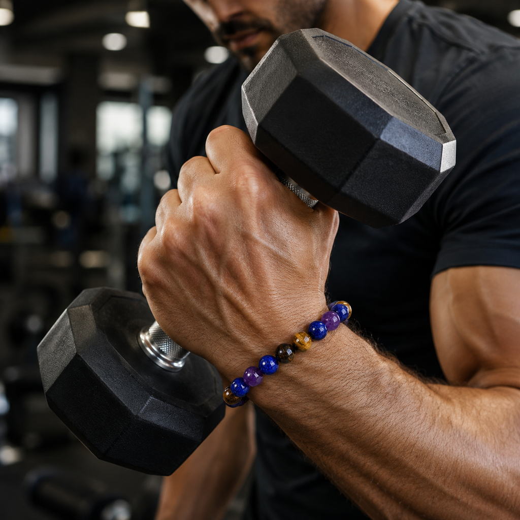 Amethyst Tiger's Eye Lapis Lazuli bracelet worn during strength training with powerful gemstone energy style