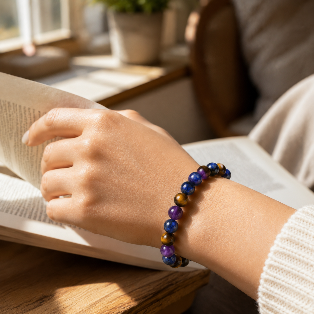 Amethyst Tiger's Eye Lapis Lazuli bracelet during reading with calming crystal jewelry inspiration