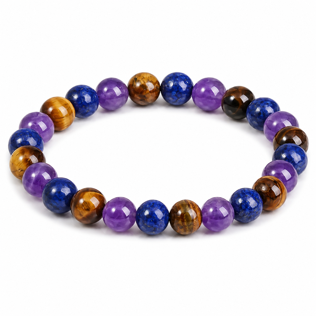Amethyst Tiger's Eye Lapis Lazuli bracelet isolated on white showing polished crystal bead craftsmanship