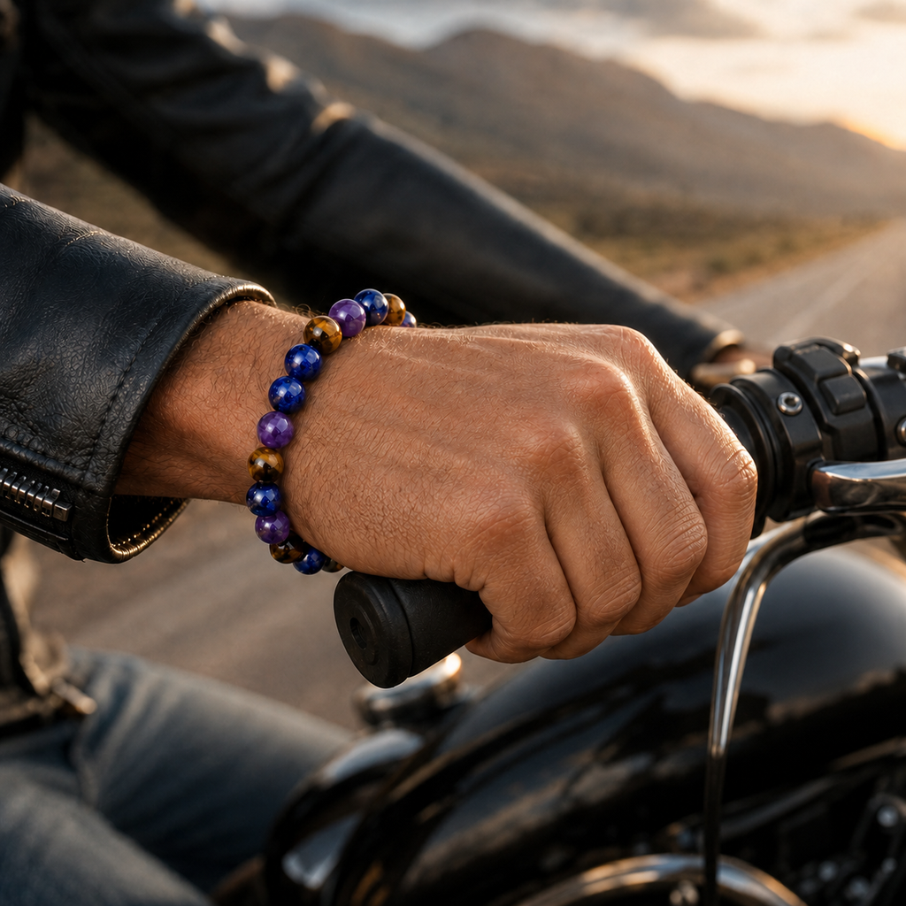 Amethyst Tiger's Eye Lapis Lazuli bracelet worn while riding, stylish gemstone jewelry for bold adventures
