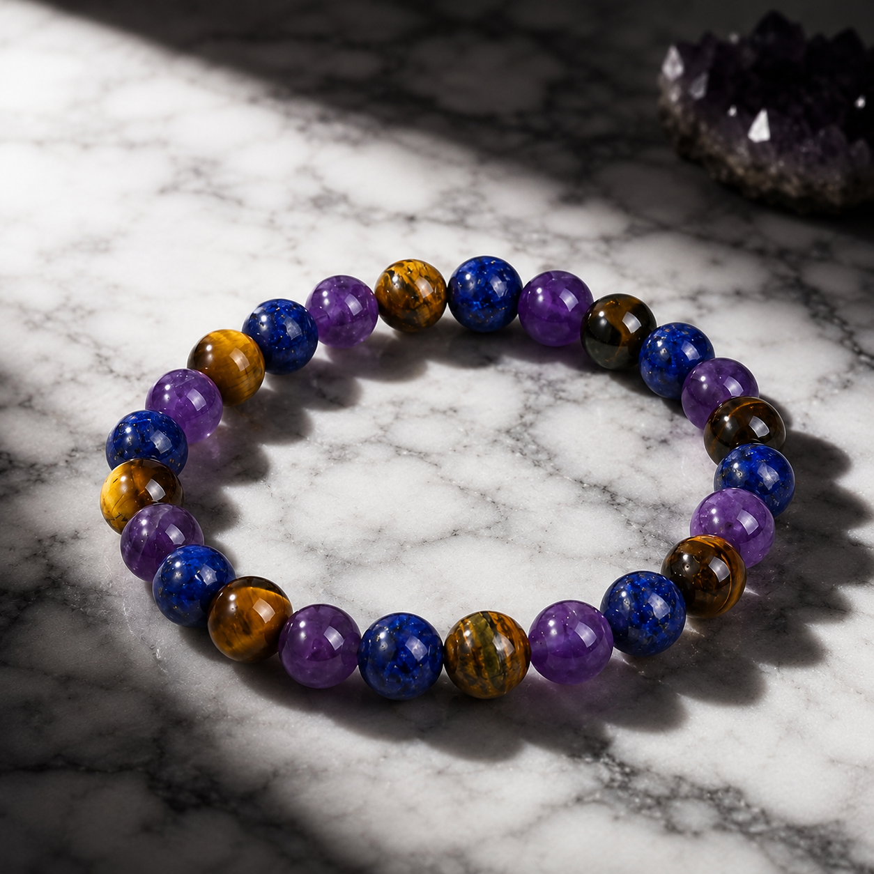 Amethyst Tiger's Eye Lapis Lazuli bracelet on marble with dramatic lighting and refined gemstone craftsmanship