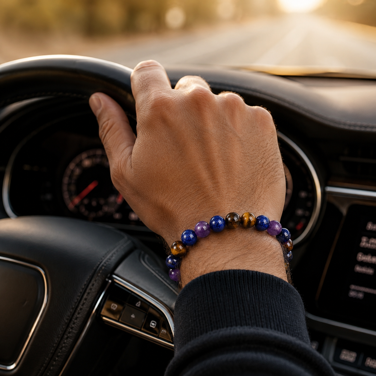 Amethyst Tiger's Eye Lapis Lazuli bracelet worn while driving with stylish crystal accessory appeal