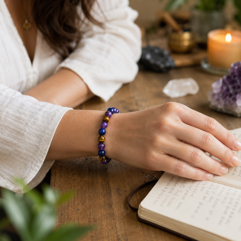 Amethyst Tiger's Eye Lapis Lazuli bracelet in a wellness setting featuring healing gemstone aesthetics