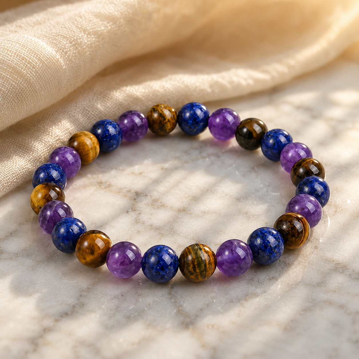 Amethyst Tiger's Eye Lapis Lazuli bracelet in natural sunlight with premium crystal jewelry appeal and elegance