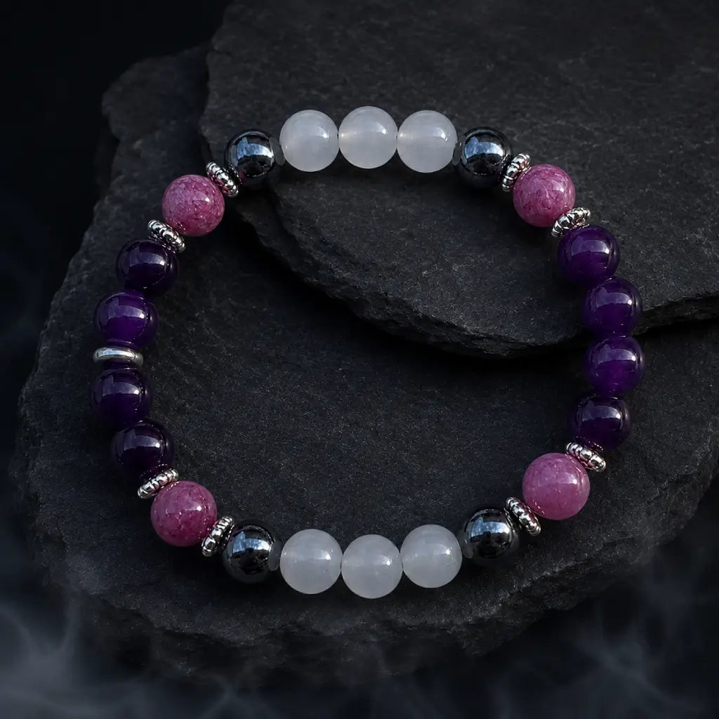 Amethyst gemstone bracelet with polished crystal beads styled for mindfulness energy and daily comfort