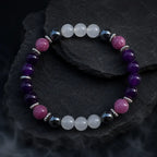 Amethyst gemstone bracelet with polished crystal beads styled for mindfulness energy and daily comfort