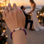 Amethyst gemstone bracelet worn at a romantic proposal with crystal energy beads for memorable moments