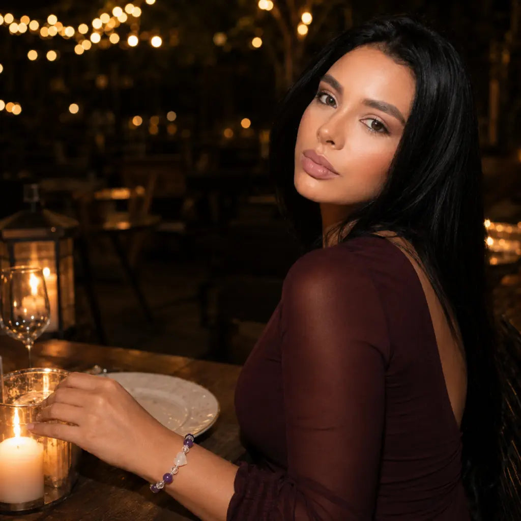 Amethyst white agate bracelet styled for an elegant candlelight dinner with natural crystal beads and heart charm creating a sophisticated jewelry look.