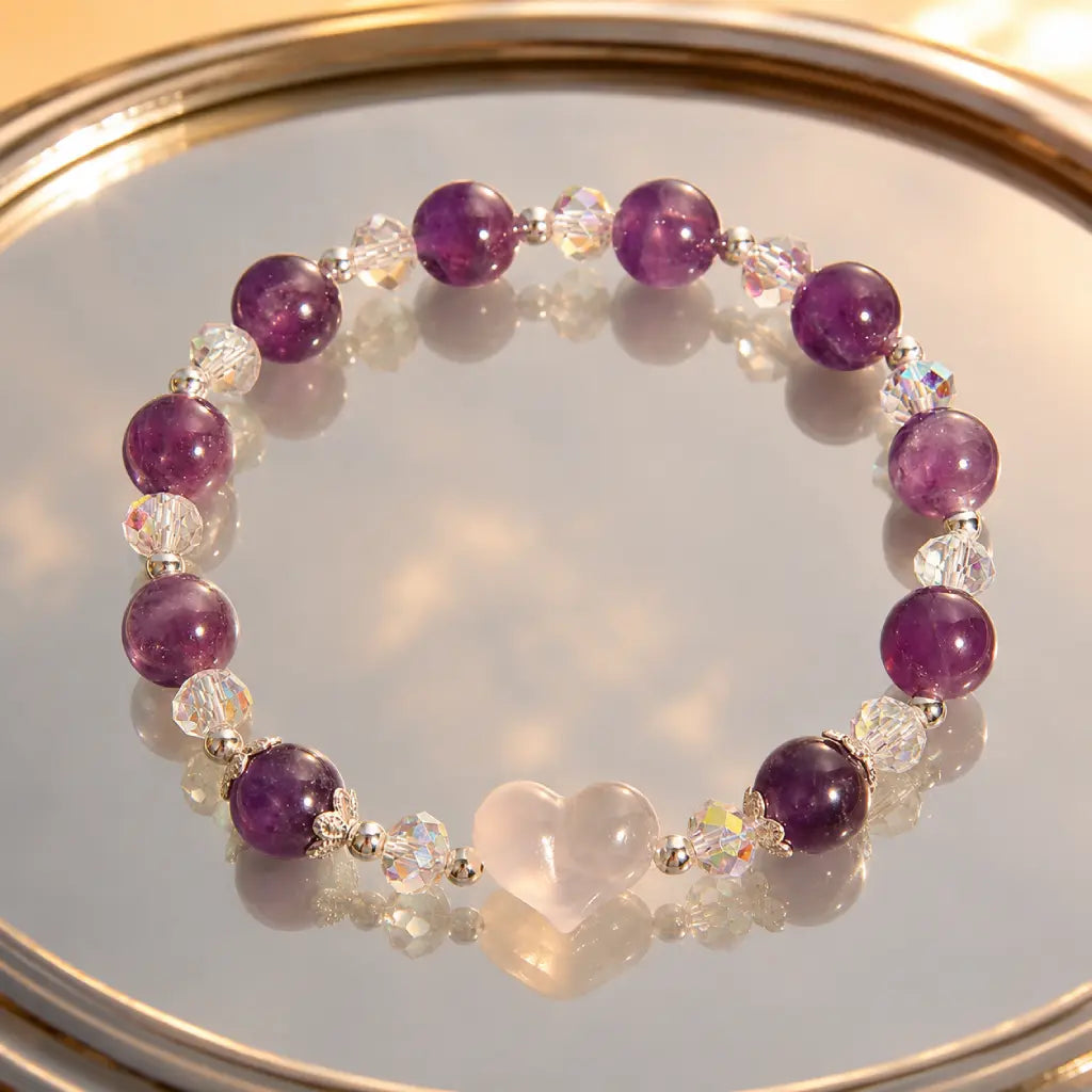 Amethyst white agate bracelet displayed on a mirrored tray featuring genuine crystal beads and a white agate heart for premium jewelry styling.
