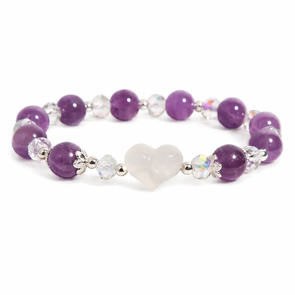Amethyst white agate bracelet close-up showing polished amethyst bead, crystal spacer and premium silver accents with exceptional craftsmanship.