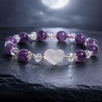 Amethyst white agate bracelet under moonlit scenery with polished gemstone beads and crystal spacers representing calming spiritual jewelry.