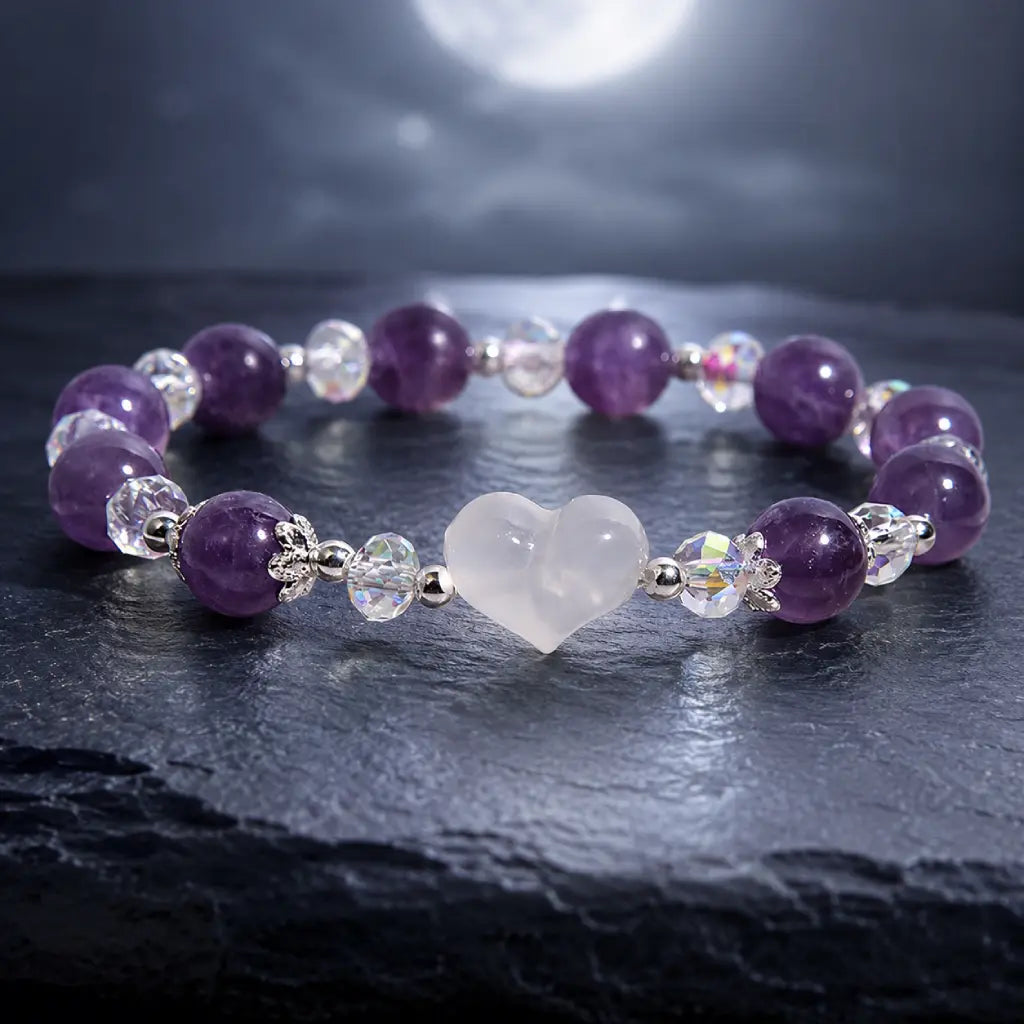 Amethyst white agate bracelet under moonlit scenery with polished gemstone beads and crystal spacers representing calming spiritual jewelry.