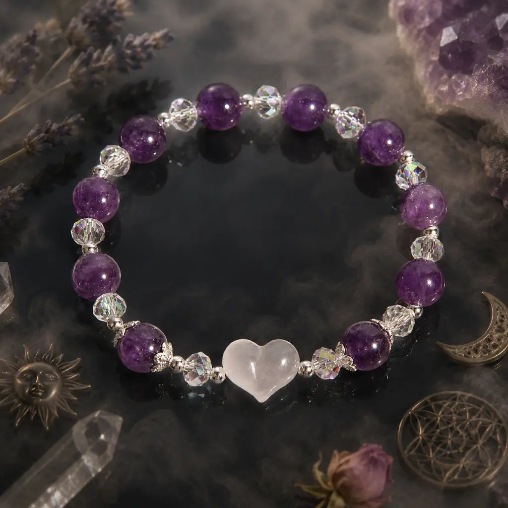 Amethyst white agate bracelet surrounded by crystals and mystical décor with natural gemstone beads for spiritual jewelry inspiration.