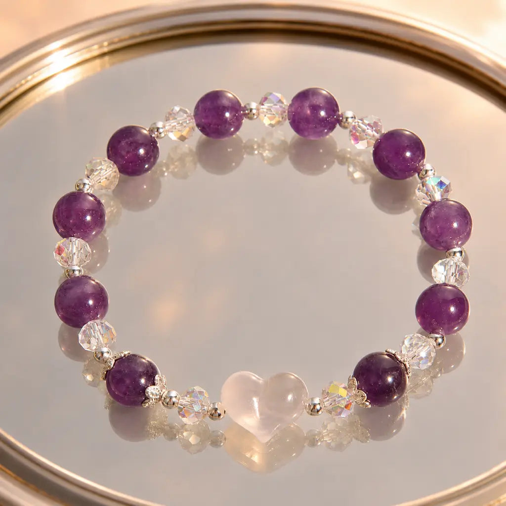 Amethyst white agate bracelet isolated on a white background featuring polished purple gemstones and a white heart crystal for online shopping.
