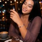 Amethyst white agate bracelet worn during a cozy coffee date, featuring natural crystal beads and a heart gemstone charm for elegant everyday style.