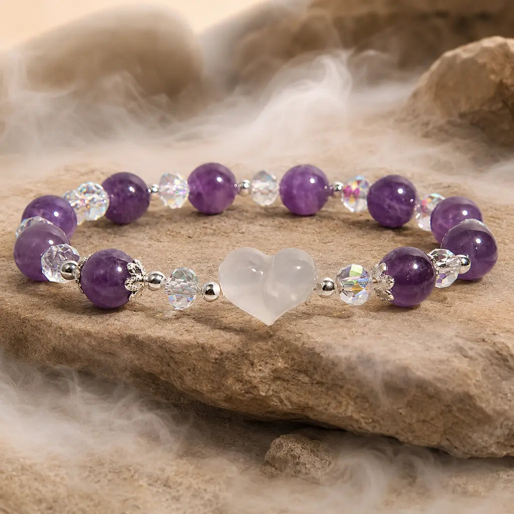Amethyst white agate bracelet displayed on natural stone with polished gemstone beads and sparkling crystal accents for premium jewelry presentation.