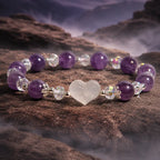 Amethyst white agate bracelet displayed against a rocky landscape with polished crystal beads and heart centerpiece symbolizing love and balance.