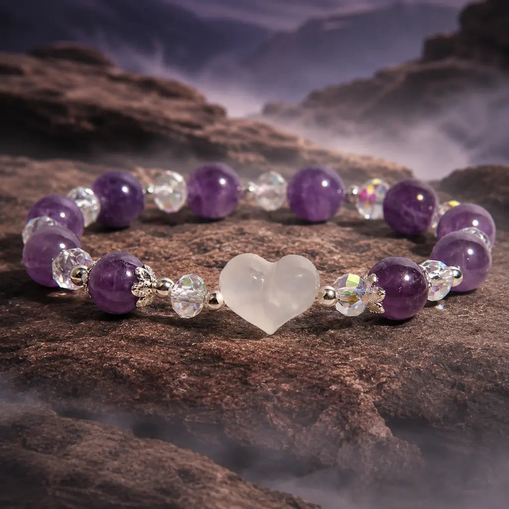 Amethyst white agate bracelet displayed against a rocky landscape with polished crystal beads and heart centerpiece symbolizing love and balance.