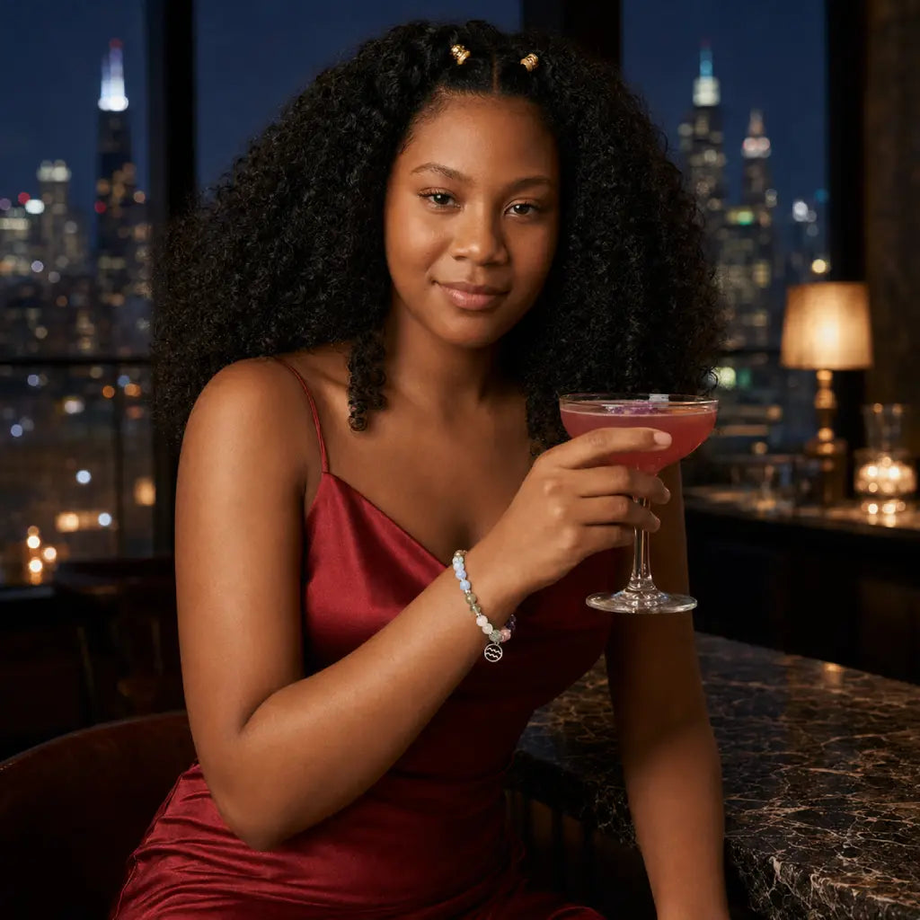 Aquarius stone bracelet paired with cocktail dress and gemstone beads for luxury spiritual jewelry styling inspiration.
