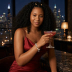 Aquarius stone bracelet paired with cocktail dress and gemstone beads for luxury spiritual jewelry styling inspiration.