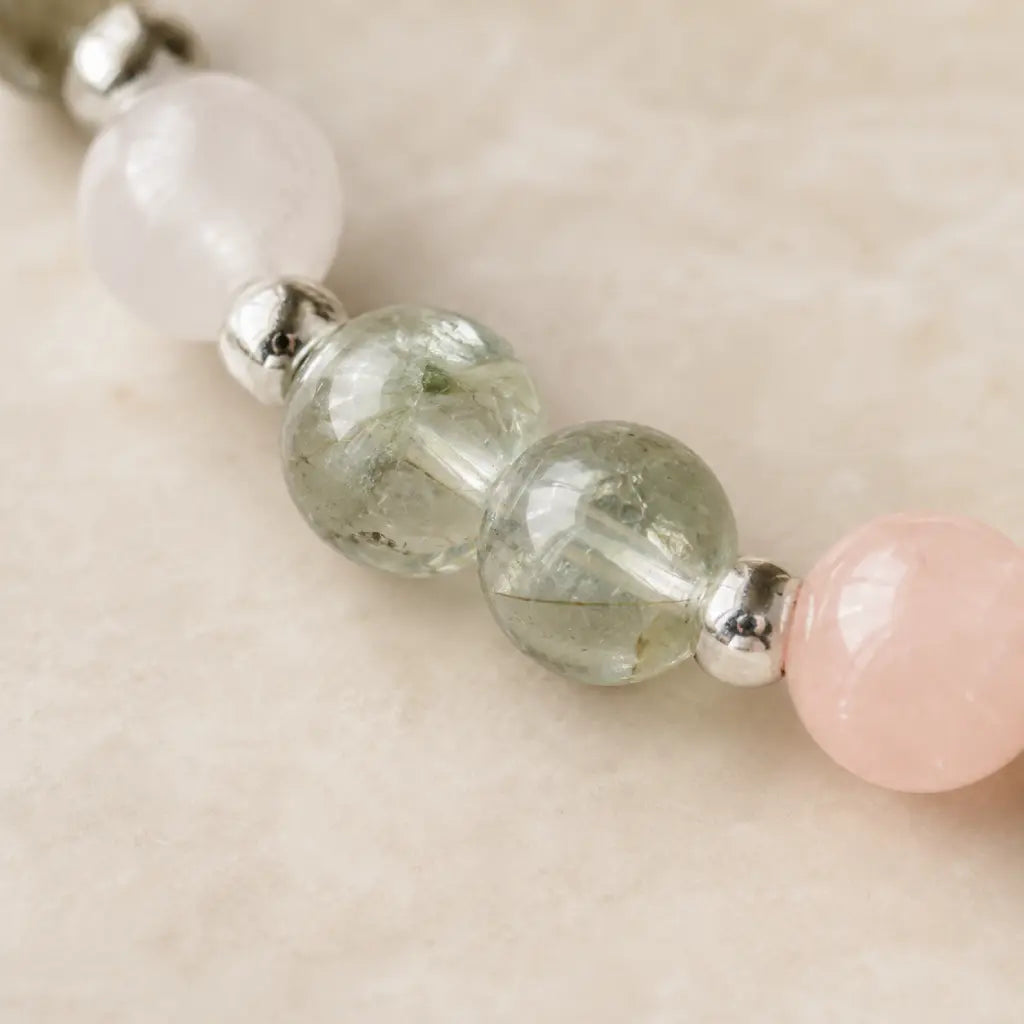 Aquarius stone bracelet macro image showing green fluorite gemstone beads and silver accents for calming energy.