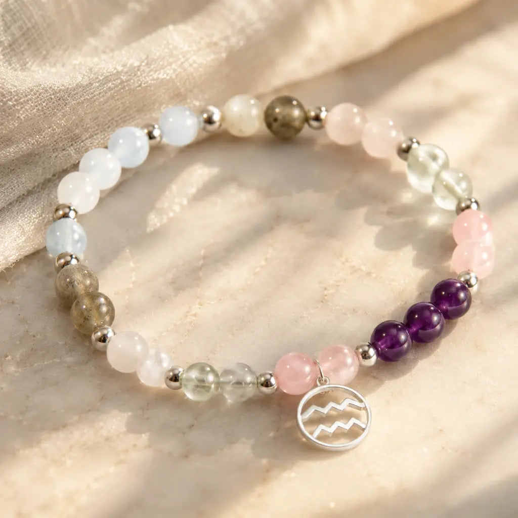 Aquarius stone bracelet styled on marble surface with gemstone beads and silver charm for calming spiritual energy.