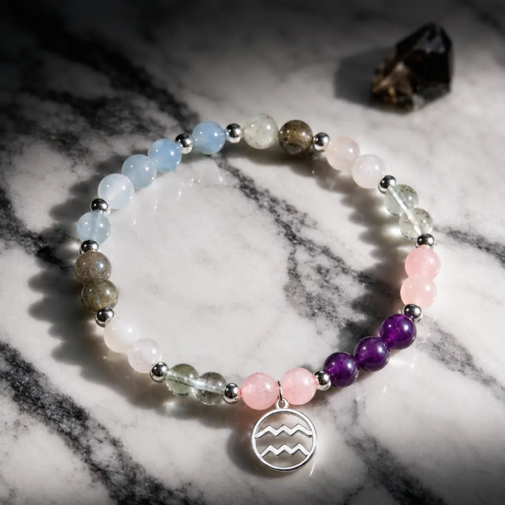 Aquarius stone bracelet displayed on dark marble with crystal beads and silver charm for mystical zodiac energy.