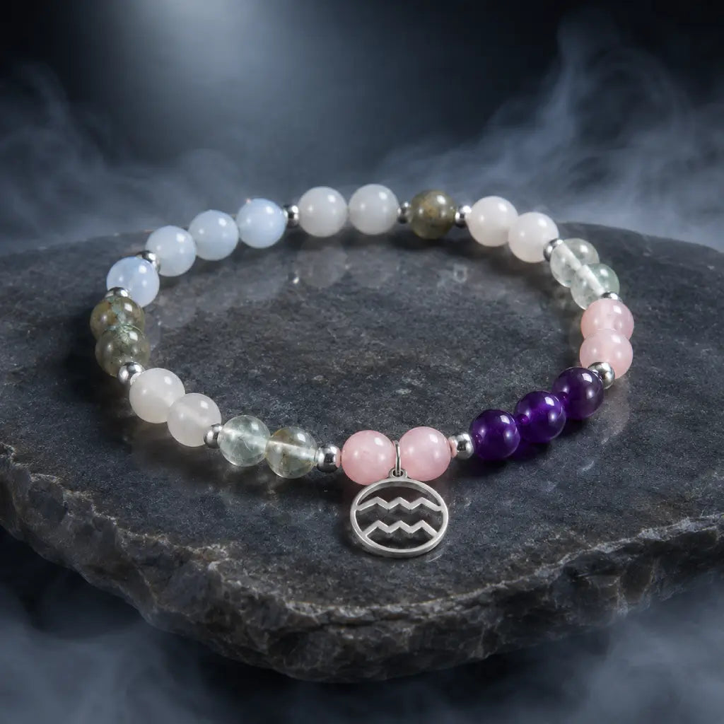 Aquarius stone bracelet with amethyst and rose quartz beads displayed on dark slate for mystical healing energy.