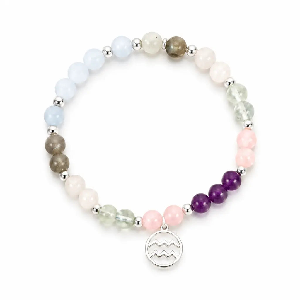 Aquarius stone bracelet with pastel crystal beads and silver zodiac charm designed for healing energy and balance.