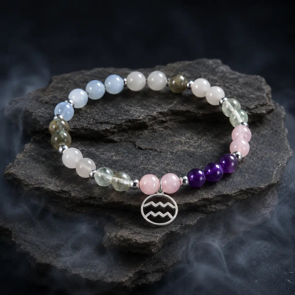 Aquarius stone bracelet displayed on dark marble with crystal beads and silver charm for mystical zodiac energy.