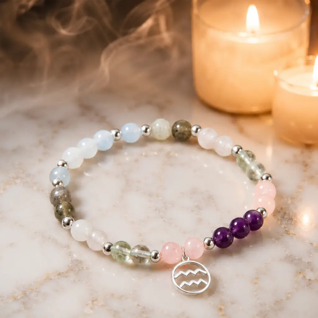 Aquarius stone bracelet beside glowing candles with calming gemstone beads crafted for mindful spiritual wellness.