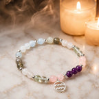 Aquarius stone bracelet beside glowing candles with calming gemstone beads crafted for mindful spiritual wellness.