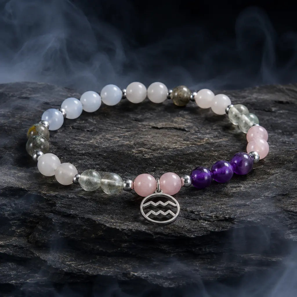 Aquarius stone bracelet on layered stone platform featuring pastel gemstones for chakra balance and calming vibes.