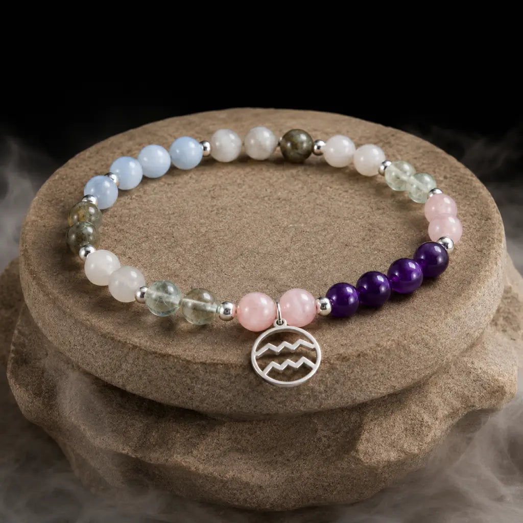 Aquarius stone bracelet with amethyst and quartz gemstones styled on textured stone for spiritual protection energy.