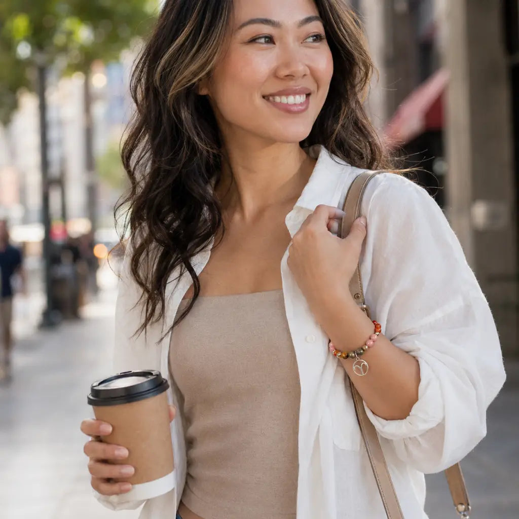 Aries crystal bracelet worn with chic streetwear outfit featuring healing gemstones for modern astrology fashion
