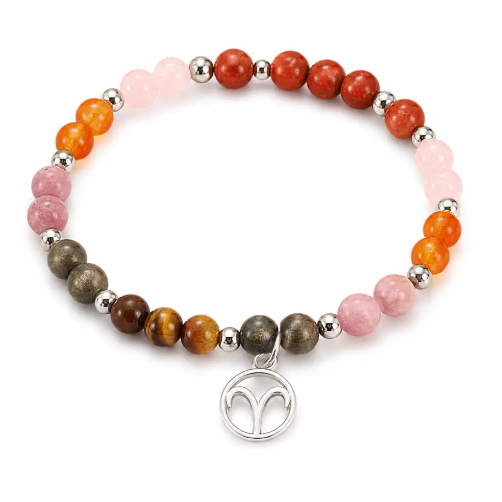 Aries crystal bracelet with natural healing gemstones and silver charm isolated on white background for gifting