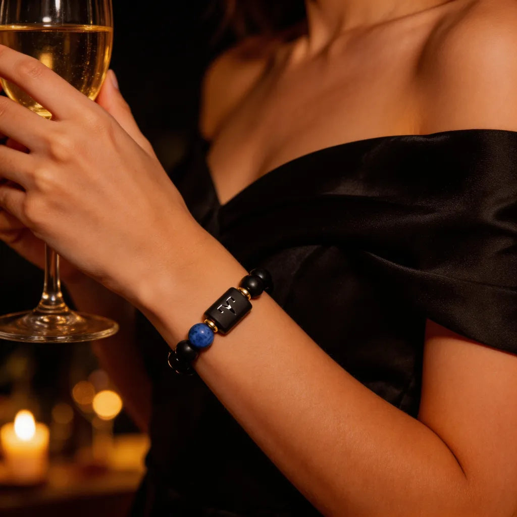 Aries zodiac bracelet worn with an elegant black dress, blue stone accent, and luxe evening statement style appeal