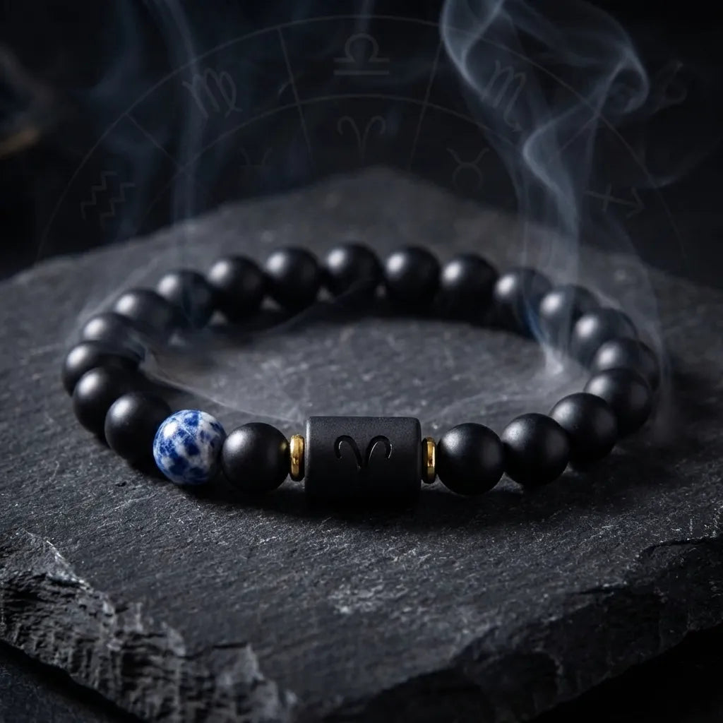 Aries zodiac bracelet with matte black beads, blue gemstone accent, and smoky zodiac styling for bold gifting appeal