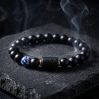 Aries zodiac bracelet with matte black beads, blue gemstone accent, and smoky zodiac styling for bold gifting appeal